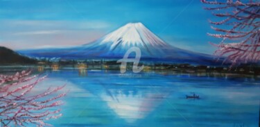 Schilderij getiteld "Reflejos Monte Fuji…" door Loubarca, Origineel Kunstwerk, Olie Gemonteerd op Frame voor houten brancard