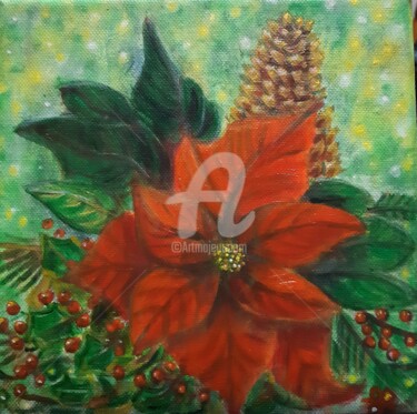 Painting titled "Flor de Navidad" by Loubarca, Original Artwork, Acrylic Mounted on Wood Stretcher frame