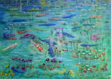 Peinture intitulée "Carpas en el estanq…" par Loubarca, Œuvre d'art originale, Huile Monté sur Châssis en bois