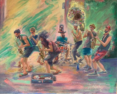 Painting titled "Musiciens de rue" by Loudmila Harscouet, Original Artwork, Oil Mounted on Wood Stretcher frame