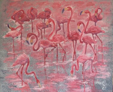 Painting titled "flamants roses" by Loudmila Harscouet, Original Artwork, Oil Mounted on Wood Stretcher frame