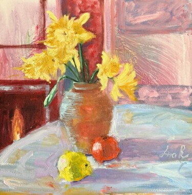 Painting titled "Jonquilles de champs" by Loudmila Harscouet, Original Artwork, Oil Mounted on Wood Stretcher frame