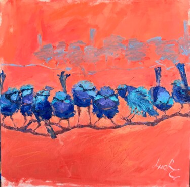 Painting titled "Birds" by Loudmila Harscouet, Original Artwork, Oil Mounted on Wood Stretcher frame