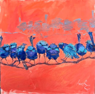 Schilderij getiteld "Birds" door Loudmila Harscouet, Origineel Kunstwerk, Olie Gemonteerd op Frame voor houten brancard