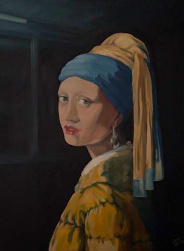 Painting titled "Lady with the puffe…" by Louie Louie, Original Artwork, Oil Mounted on Wood Stretcher frame