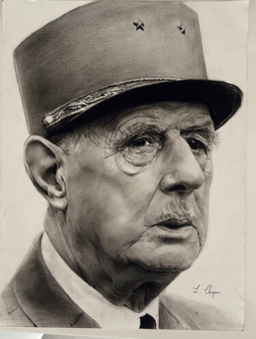 Tekening getiteld "Général DeGaulle" door Louis Chopin, Origineel Kunstwerk, Grafiet