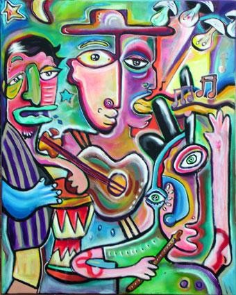 Pintura titulada "les trois musiciens" por Louis Danjou, Obra de arte original, Oleo