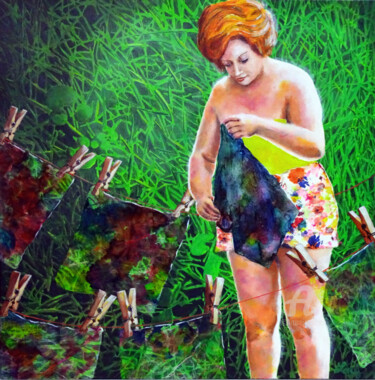 Schilderij getiteld "Les pinces à linge" door Louis Jouve, Origineel Kunstwerk, Acryl