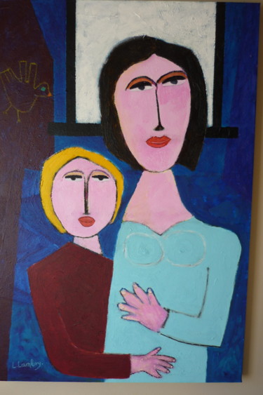 Schilderij getiteld "Moeder en dochter…" door Louis Lambry, Origineel Kunstwerk, Acryl Gemonteerd op Frame voor houten branc…
