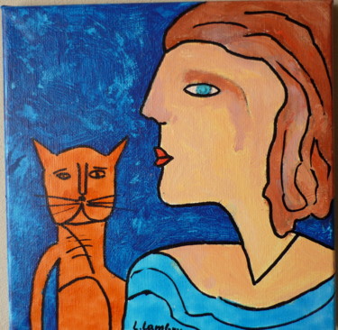 Schilderij getiteld "She and her cat" door Louis Lambry, Origineel Kunstwerk, Acryl