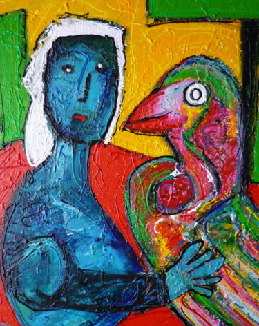 Painting titled "Blauwe dame met haa…" by Louis Lambry, Original Artwork, Other Mounted on Wood Stretcher frame