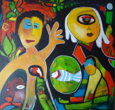 Painting titled "Familiefeest - F609" by Louis Lambry, Original Artwork, Acrylic Mounted on Wood Stretcher frame