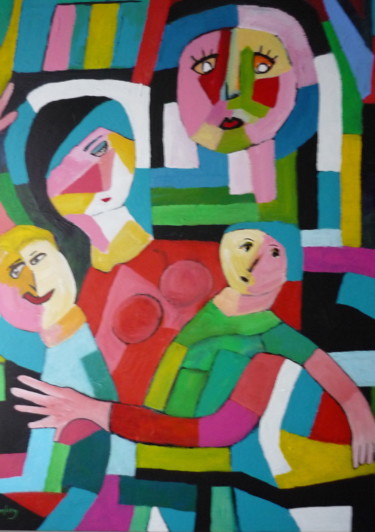 Painting titled "Happy Family      F…" by Louis Lambry, Original Artwork, Acrylic Mounted on Wood Stretcher frame