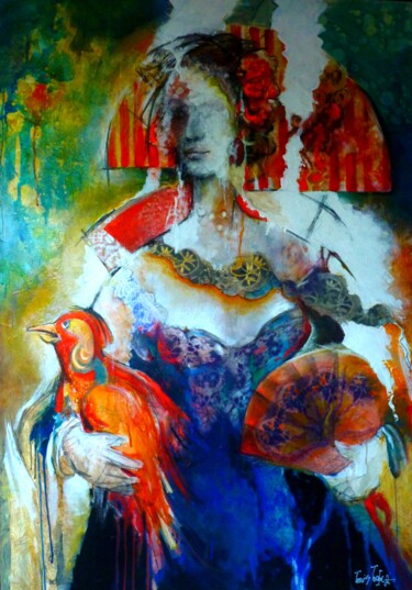 Painting titled "Infante à l'oiseau" by Louis Lopez, Original Artwork, Acrylic Mounted on Wood Stretcher frame