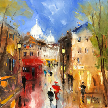 Painting titled "la rue norvins MONT…" by Louis Magre, Original Artwork, Oil Mounted on Wood Stretcher frame