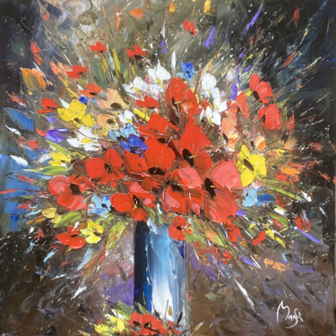 Painting titled "les coquelicots s'e…" by Louis Magre, Original Artwork, Oil Mounted on Wood Stretcher frame
