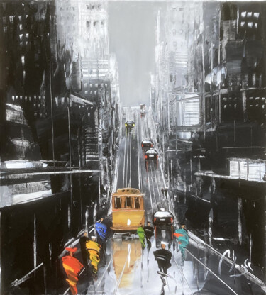 Painting titled "le cable car SAN FR…" by Louis Magre, Original Artwork, Acrylic Mounted on Wood Stretcher frame
