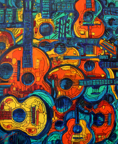 Painting titled "GUITARES ET VIOLON" by Louis Runemberg, Original Artwork, Oil Mounted on Wood Stretcher frame