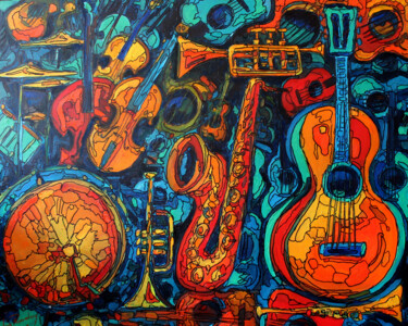 Painting titled "ORCHESTRE DE JAZZ" by Louis Runemberg, Original Artwork, Oil Mounted on Wood Stretcher frame