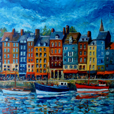 Painting titled "HONFLEUR PORT DE MO…" by Louis Runemberg, Original Artwork, Oil Mounted on Wood Stretcher frame