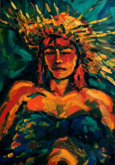 Painting titled "CAROLE AU CHAPEAU D…" by Louis Runemberg, Original Artwork, Oil Mounted on Wood Stretcher frame