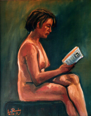 Painting titled "ELISE LA LECTRICE" by Louis Runemberg, Original Artwork, Oil Mounted on Wood Stretcher frame