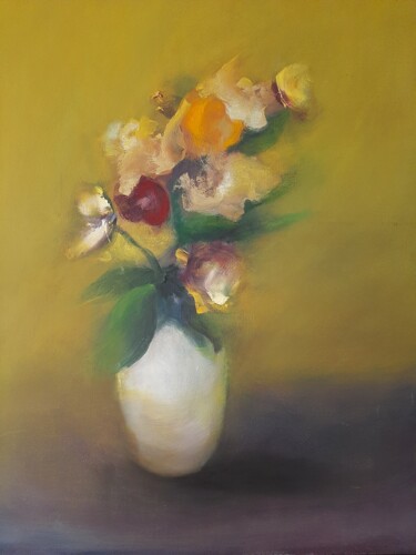 Painting titled "Bouquet Jaune" by Louisa Mebarki, Original Artwork, Oil Mounted on Wood Stretcher frame