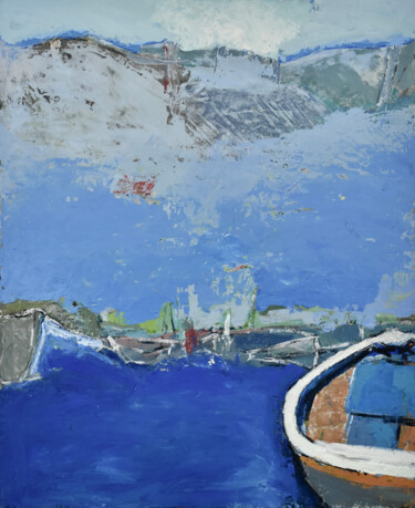 Painting titled "Barque sur le port…" by Louisa Vernet-Déan, Original Artwork, Acrylic Mounted on Wood Stretcher frame