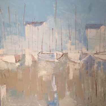 Painting titled "Barques dans le por…" by Louisa Vernet-Déan, Original Artwork, Acrylic Mounted on Wood Stretcher frame