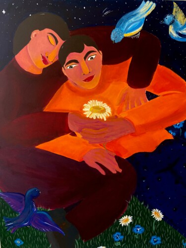 Peinture intitulée "Nuit en fleurs" par Louise Autréau, Œuvre d'art originale, Acrylique Monté sur Châssis en bois