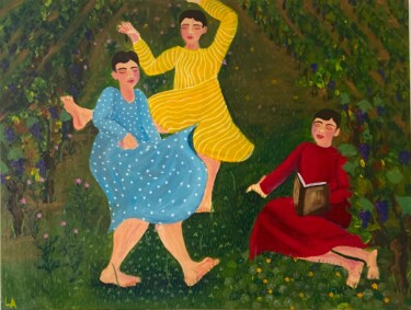 Malarstwo zatytułowany „Danse dans le Vigno…” autorstwa Louise Autréau, Oryginalna praca, Akryl Zamontowany na Drewniana ram…