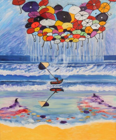 Peinture intitulée "Envol de parapluies…" par Louise Bressange, Œuvre d'art originale, Huile