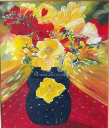 Peinture intitulée "fleurs-jaunes-et-ro…" par Louise Bressange, Œuvre d'art originale, Huile