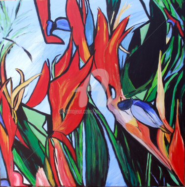 Painting titled "oiseaux-du-paradis.…" by Louise Bressange, Original Artwork