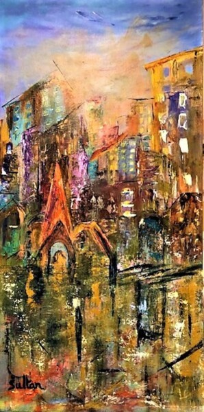 Painting titled "LA VILLE ENDORMIE" by Louise Sultan, Original Artwork, Acrylic Mounted on Wood Stretcher frame