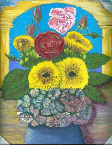 Peinture intitulée "fleurs et pot" par Lou Ka, Œuvre d'art originale
