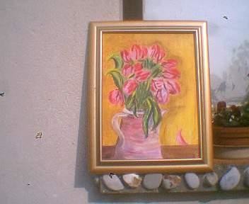 Peinture intitulée "Cafetère aux tulipes" par Lou Ka, Œuvre d'art originale