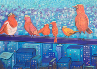 Painting titled "Les  oiseaux citadi…" by Loula Le Mevel, Original Artwork, Acrylic