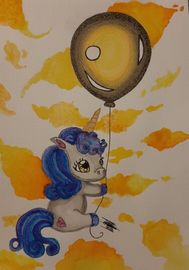 Painting titled "Petit licorne" by Loup-Ange, Original Artwork, Watercolor