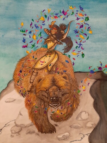 Peinture intitulée "La guerrière indien…" par Loup-Ange, Œuvre d'art originale, Crayon