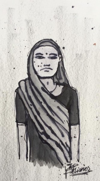 Dessin intitulée "Femme en sari" par Loup Pélissier, Œuvre d'art originale, Graphite