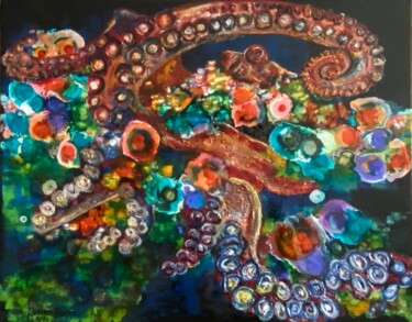 Peinture intitulée "Hidden Octopus" par Lourdes Rivera -Lulu, Œuvre d'art originale, Encre