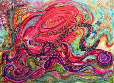 Painting titled "My Hippie Octopus" by Lourdes Rivera -Lulu, Original Artwork, Acrylic Mounted on Wood Stretcher frame