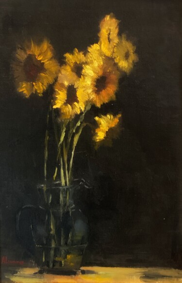 Painting titled "Sun Flowers" by Aluizio Loureiro, Original Artwork, Oil Mounted on Wood Panel