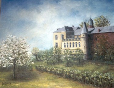 Schilderij getiteld "Le château - Lincé" door Lou Streel, Origineel Kunstwerk, Olie