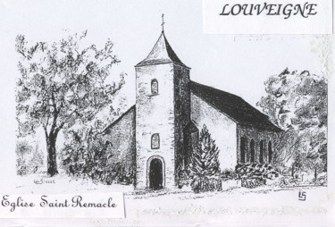 Dessin intitulée "Eglise à Louveigné" par Lou Streel, Œuvre d'art originale