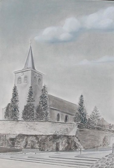 Dessin intitulée "Eglise de Sprimont" par Lou Streel, Œuvre d'art originale