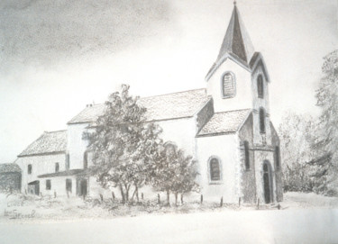 Drawing titled "Eglise de Lincé" by Lou Streel, Original Artwork, Charcoal