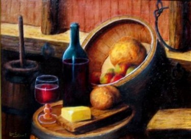 Painting titled "La bouteille" by Lou Streel, Original Artwork, Oil