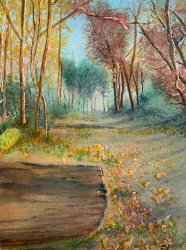 Peinture intitulée "chemin forestier" par Stephane Louveau, Œuvre d'art originale, Aquarelle